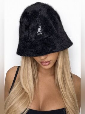 Authentic Y2K Kangol Furgora Casual Black Faux Fur Furry Bucket Hat Rave Club XL